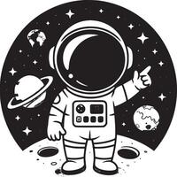 Cartoon astronaut standing on the moon pointing to the planets and stars in the night sky background vector