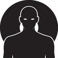 Silhouette of a bald figure with glowing eyes against concentric circles on a white background vector