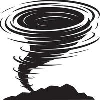 A black and white illustration of a tornado touching down over a dark jagged land formation below it vector