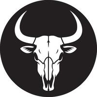 A stylized white bull skull with large horns centered in a black circle on a white background image vector