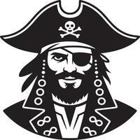 A black and white graphic of a pirate with an eye patch and a hat with a skull and crossbones on it vector