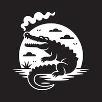Stylized black and white illustration of an alligator in front of a moon with some clouds and grass vector