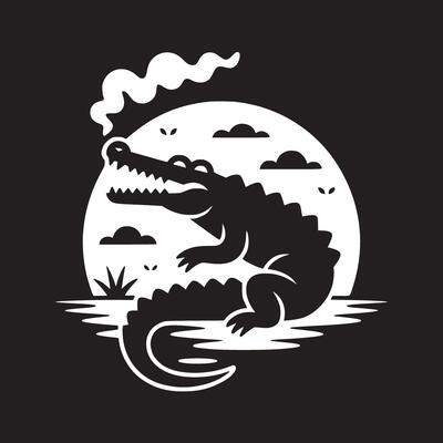 Stylized black and white illustration of an alligator in front of a moon with some clouds and grass