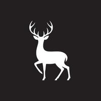 White silhouette of a deer with antlers against a solid black background in a simple illustration vector