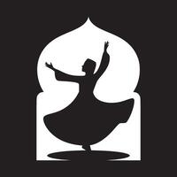 Silhouette of a whirling dervish dancer in front of a white archway against a black background vector