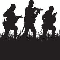 Silhouette illustration of three soldiers in combat gear running through tall grass with rifles ready vector