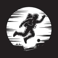 An astronaut in a space suit floating over a rocky landscape with a white circle behind them vector