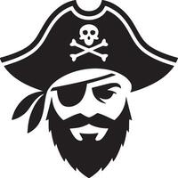 A black and white graphic of a pirate with a hat, beard, and eye patch on a white background vector