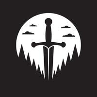 A graphic design of a sword against a white circle with clouds and jagged mountain peaks below it vector