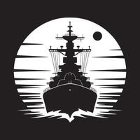 Silhouette of a warship against a white circle with a black background and a small black circle vector