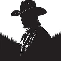 Silhouette of a cowboy wearing a hat and jacket standing in a field of tall grass in black and white vector