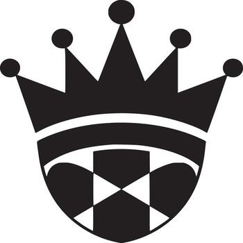 A black and white graphic of a crown and shield design with a geometric pattern on a white background vector