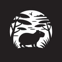 Silhouette of a capybara in a white circle with trees bird and clouds on a black background vector