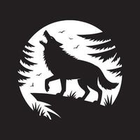 Silhouette of a wolf howling at the moon surrounded by trees and birds in a black and white illustration vector