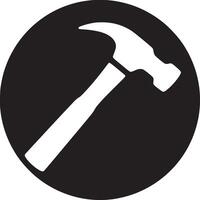A white hammer silhouette diagonally placed inside a black circle on a white background simple design vector
