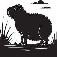 Black and white silhouette of a capybara standing in grass with clouds in the background art vector
