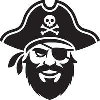 A black and white graphic of a pirate with a beard and eye patch wearing a pirate hat with skull vector