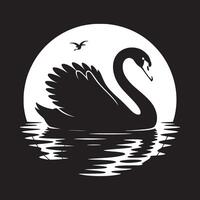 A monochrome illustration of a swan swimming in water with a bird and a moon in the background vector