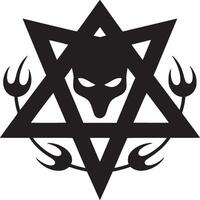 A black star of david with a demon face in the center and tridents surrounding it on a white background vector