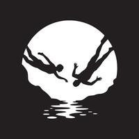 Silhouette of two people diving into water against a circular white background on a black backdrop vector