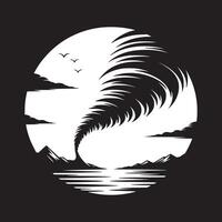 Black and white art of a tornado over water with mountains and birds in a circle design vector