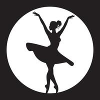 Silhouette of a ballerina in a tutu with arms raised against a white circle on black background vector