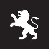 A white heraldic lion rampant with an open mouth on a black background in a simple flat style vector