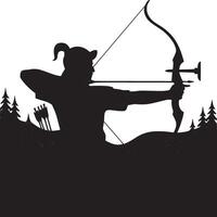 Silhouette of archer aiming bow and arrow in a forest with mountains in the background scene art vector