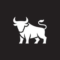 A white bull silhouette with curved horns and a curled tail on a black background image design vector