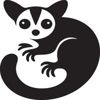 A stylized black and white illustration of a bush baby curled with a long tail on a white background vector