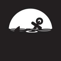 A stylized anchor in blue water with a white sky background in a black circle design image art vector