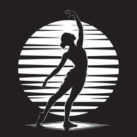 Silhouette of a ballerina in a graceful pose against a striped circular background in black and white vector