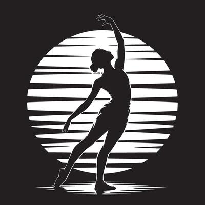 Silhouette of a ballerina in a graceful pose against a striped circular background in black and white