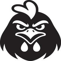 A black and white graphic of an angry looking chicken head with a white background and a pointy beak vector