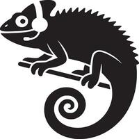 A black silhouette of a chameleon with a headset sitting on a branch with a curled tail design vector