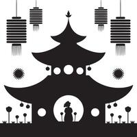 Silhouette of a pagoda with hanging lanterns and a figure in a doorway in a stylized illustration vector
