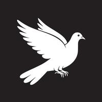 A minimalist white dove illustration with wings spread against a black background in simple style vector
