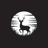 Silhouette of a deer with antlers against a white moon and grass in a black background design vector