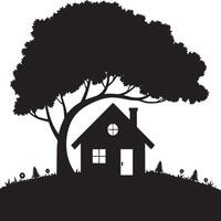 Silhouette of a house with a tree looming over it on a hill with flowers and small trees around it vector