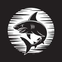 A black and white illustration of a shark with an open mouth against a striped background circle vector