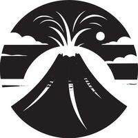 A stylized volcano erupting with lava against a sunset background in a circular composition vector