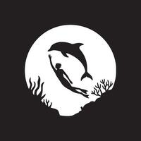 Silhouette of swimmer reaching for dolphin against a white circle with coral and seaweed vector