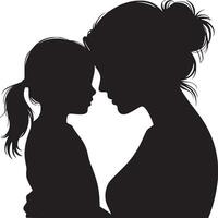 Silhouette of mother and daughter embracing with foreheads touching in black and white image art vector