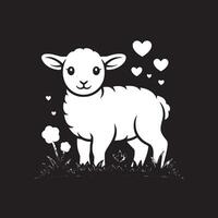 A cartoon lamb standing in grass with flowers and hearts on a black background illustration vector