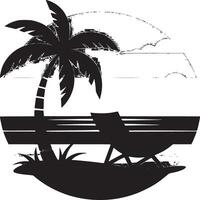 Silhouette of a palm tree and beach chair on an island with a sunset background in a circle shape vector