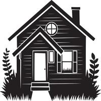 A black and white graphic of a house with a chimney and a front door and some grass around it vector