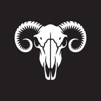 A stark white ram skull with spiraling horns set against a solid black background in high contrast vector
