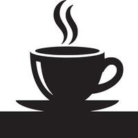 A black silhouette of a coffee cup with steam on a saucer against a white background and black foreground vector