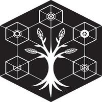 A geometric tree illustration with hexagons on a black background in a minimalist style vector