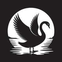 A black and white graphic of a swan with its wings spread against a circular background design vector